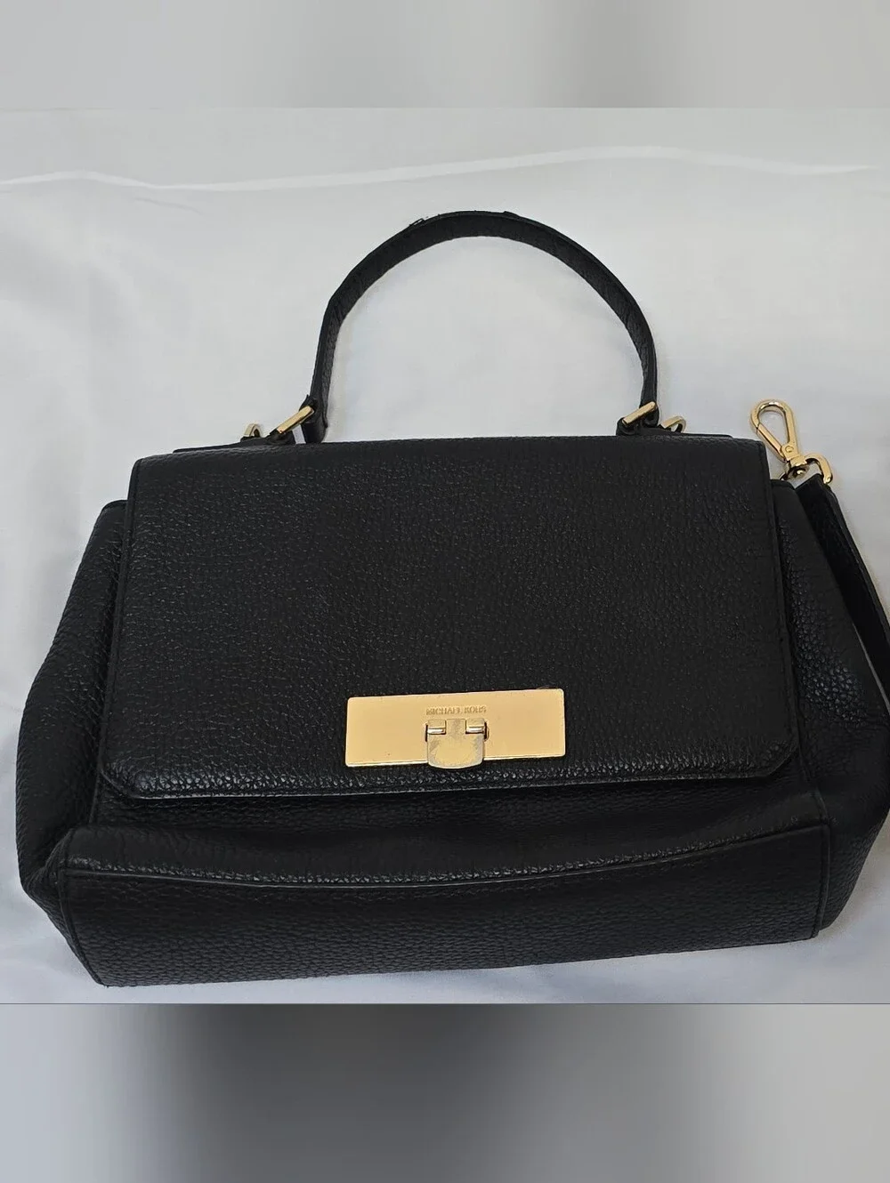 Michael Kors Callie Black Pebbled Leather Flap Top Handle Crossbody Satchel Bag